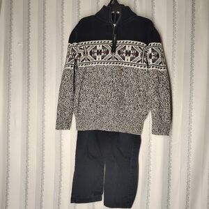 Chaps Black and White Patterned Zip-Up Sweater